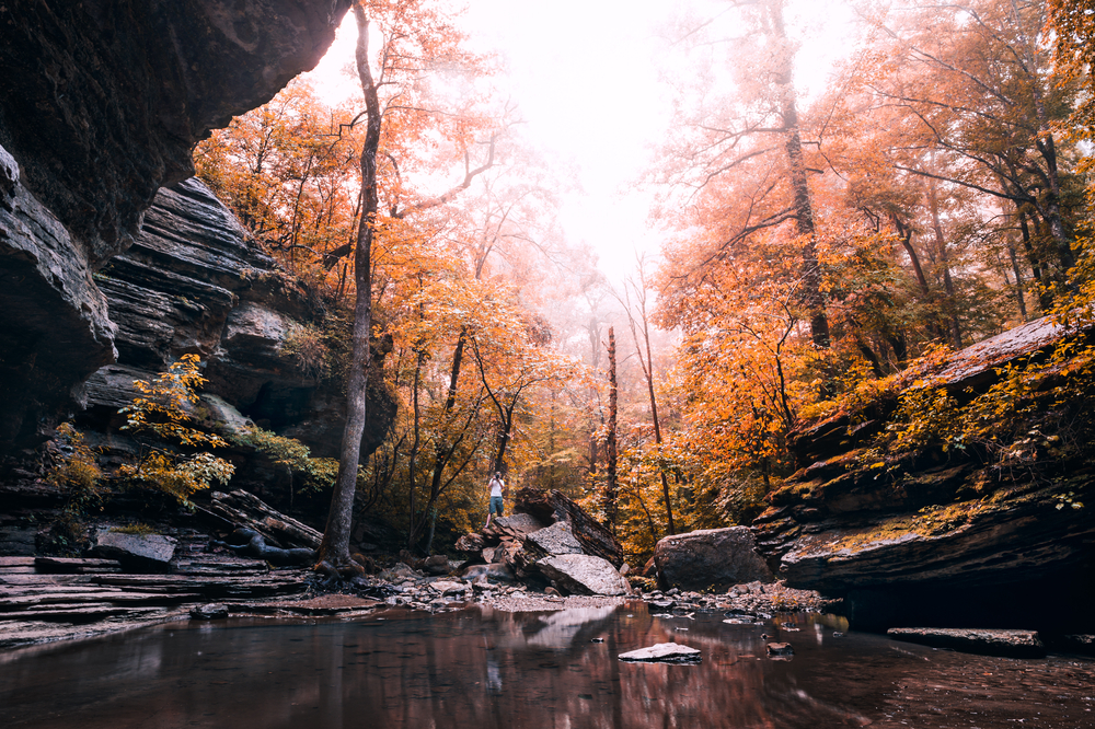 A picture of a photographer taking a picture of the pool of water from Eden Falls surrounded by rock formations and trees covered in orange fall leaves.