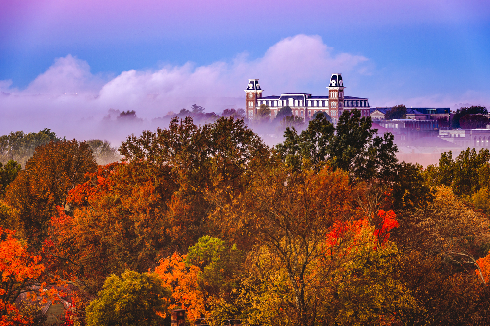 A photo of tall fall colored trees with white fog that is blanketing the area in front of a historic building in Fayetteville, Arkansas.