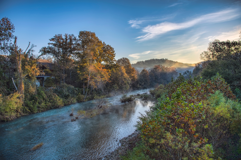 A picture of a river running through a tunnels of autumn kissed trees on a misty morning.