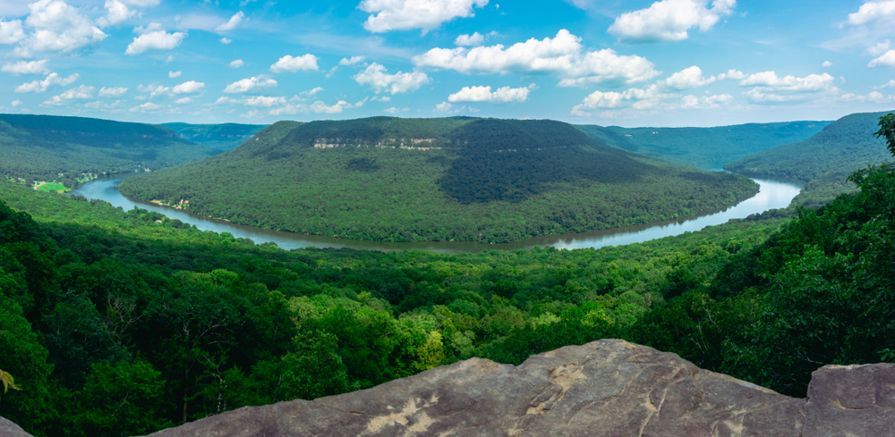 A picture of a river circling flowing through the green valleys of Prentice Cooper State Forest on a sunny day.