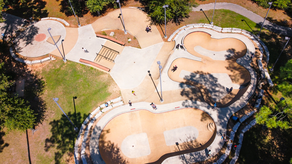 One of the many things to do in Conroe, Texas is visit one of their many parks like this skate park seen from an aerial point of view.