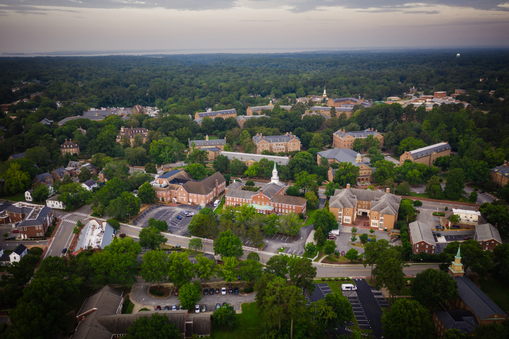 An aerial shot of Williamsburg, Virginia.