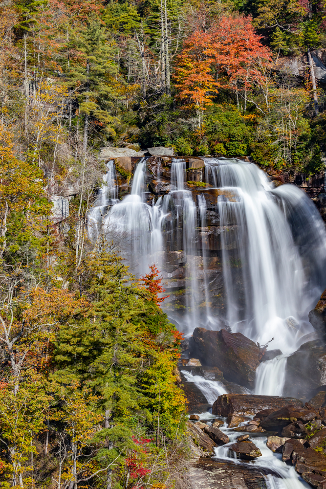 Just a portion of the tallest waterfall in North Carolina, Upper Whitewater Falls, in autumn.