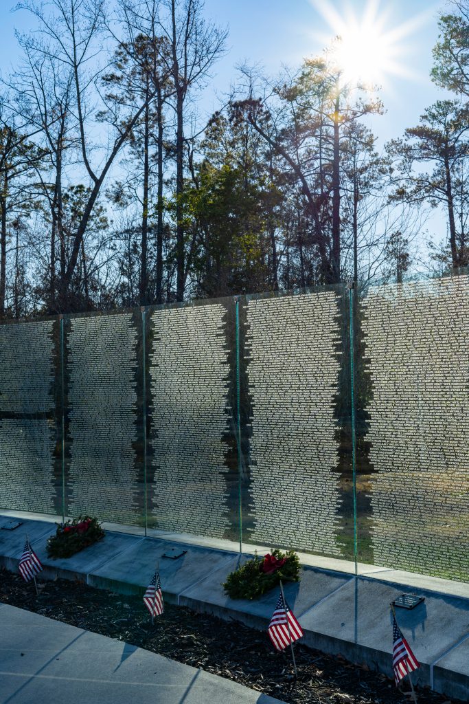 The Lejeune Memorial Gardens feature a wall dedicated to those soldiers who fell at Vietnam.ff