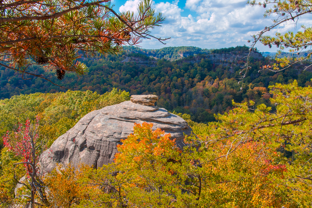view of a rock formation jutting out of the autumn colored trees in the forest and mountains