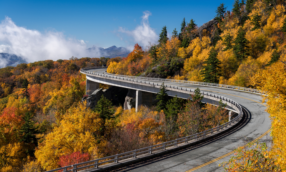 The Linn Cove Viaduct, a stretch of road on the Blue Ridge Parkway that is curving around a mountain. The road is surrounded by trees with green, yellow, orange, and red leaves. In the distance you can see low clouds and mountains. It is a must see during a weekend in Asheville. 