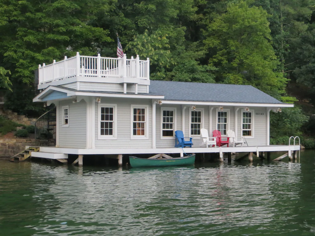 One of the prettiest Lake Lure vacation rentals is the Lakefront Cottage, complete with a widow's walk.