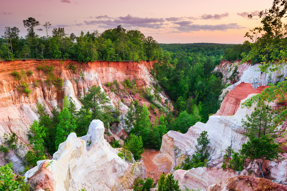 A view of a canyon made of white red and orange rocks. The rock formations are covered in green trees and in the distance you can see trees for miles. It is sunset and one of the best things to do in Georgia.