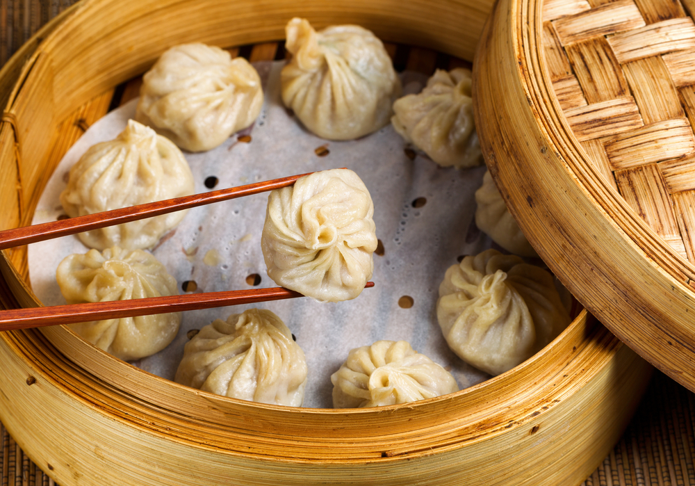 A bamboo basket of dim sum 