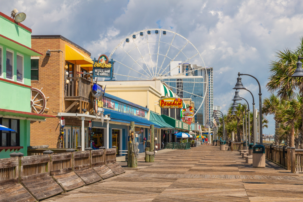 The boardwalk and Sky Wheel in Myrtle Beach, South Carolina.