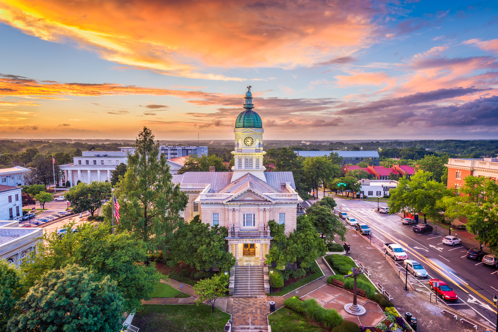 Cityscape of Athens, GA at sunset.