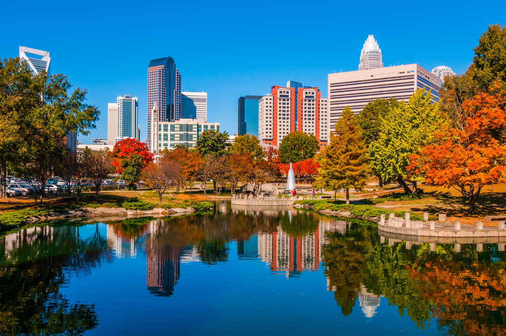 downtown charlotte NC in the fall with blue sky