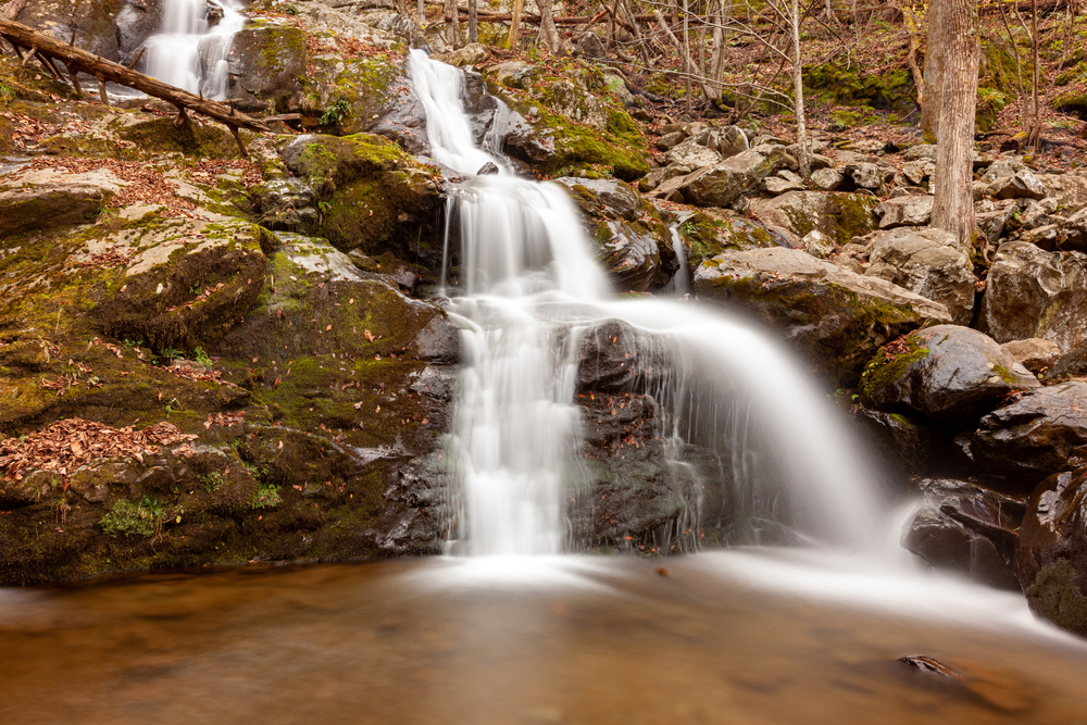 A picture of the cascading Dark Hallow Falls pouring into a pool of water.