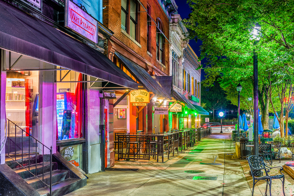 Downtown streetscape in Athens, GA at night.