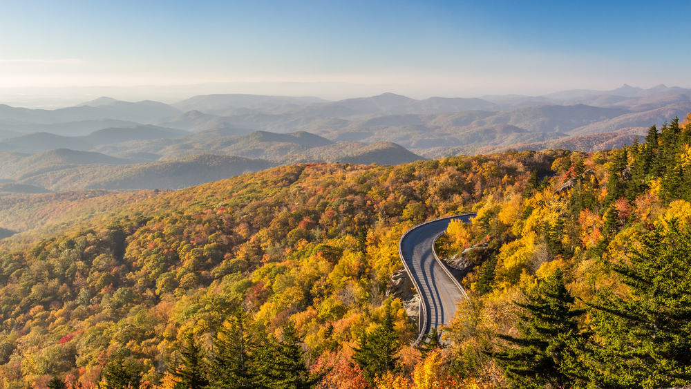 Photo of a winding road going through blue ridge mountains, surrounded by fall foliage with expansive views of the mountains in the backround.