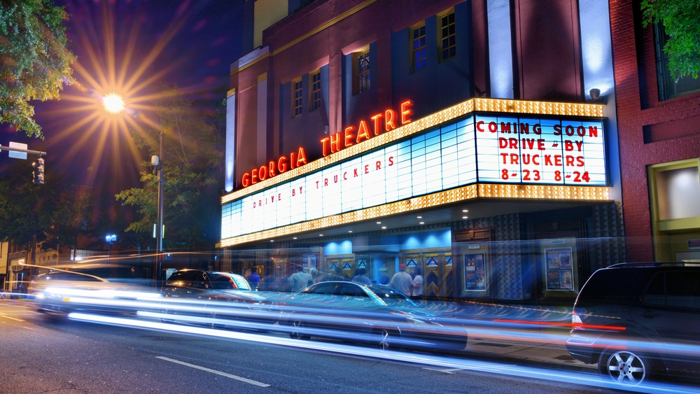 Nighttime view of the exterior of the Georgia Theatre.