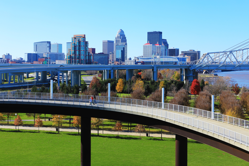 elevated pedestrain bridge with louisville skyline in the background