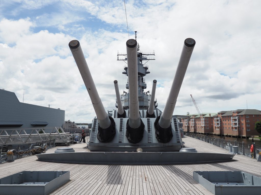 The gun turrets of the Wisconsin Battleship welcome you to the Hampton Roads Naval Museum