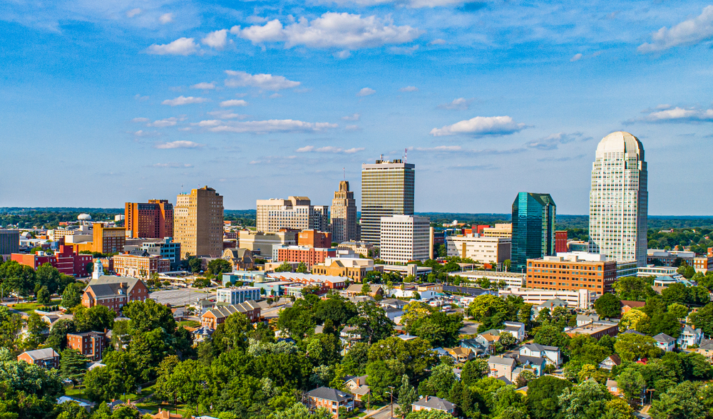 photo of winston salem north carolina from above, skyline on sunny day