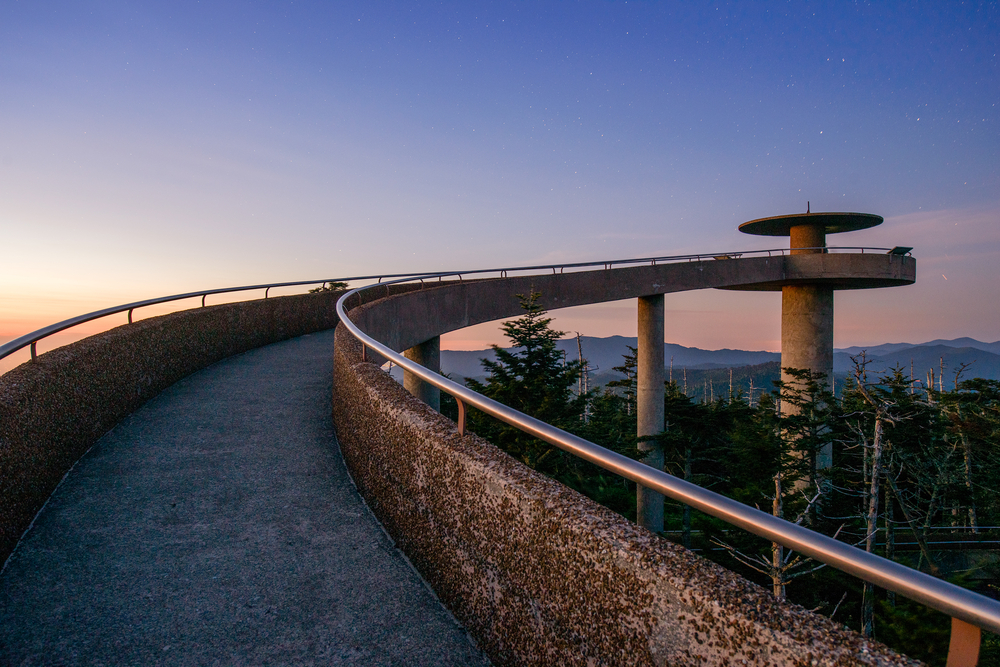 The observation deck at Clingman's Dome at sunset.