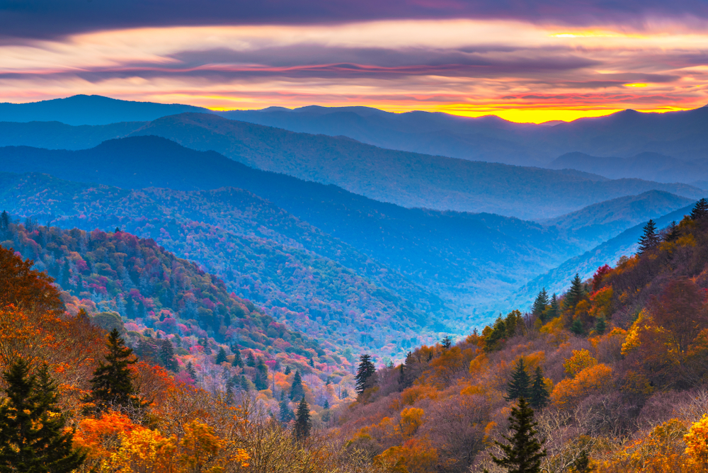 Sunset over the Smokey Mountains from above.