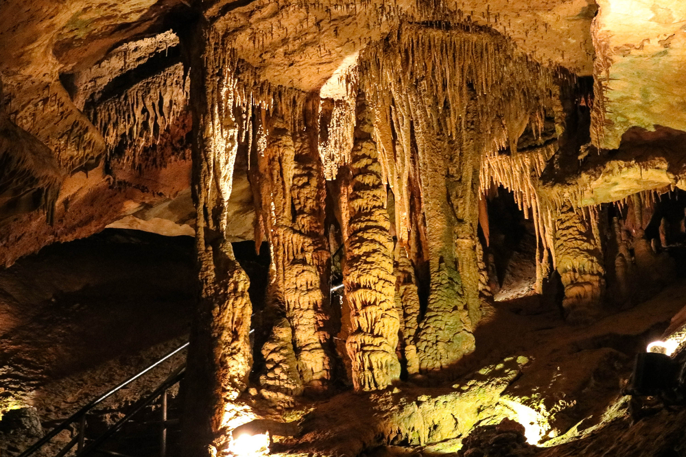 Stalactites and stalagmites inside the Tuckaleechee Caverns.