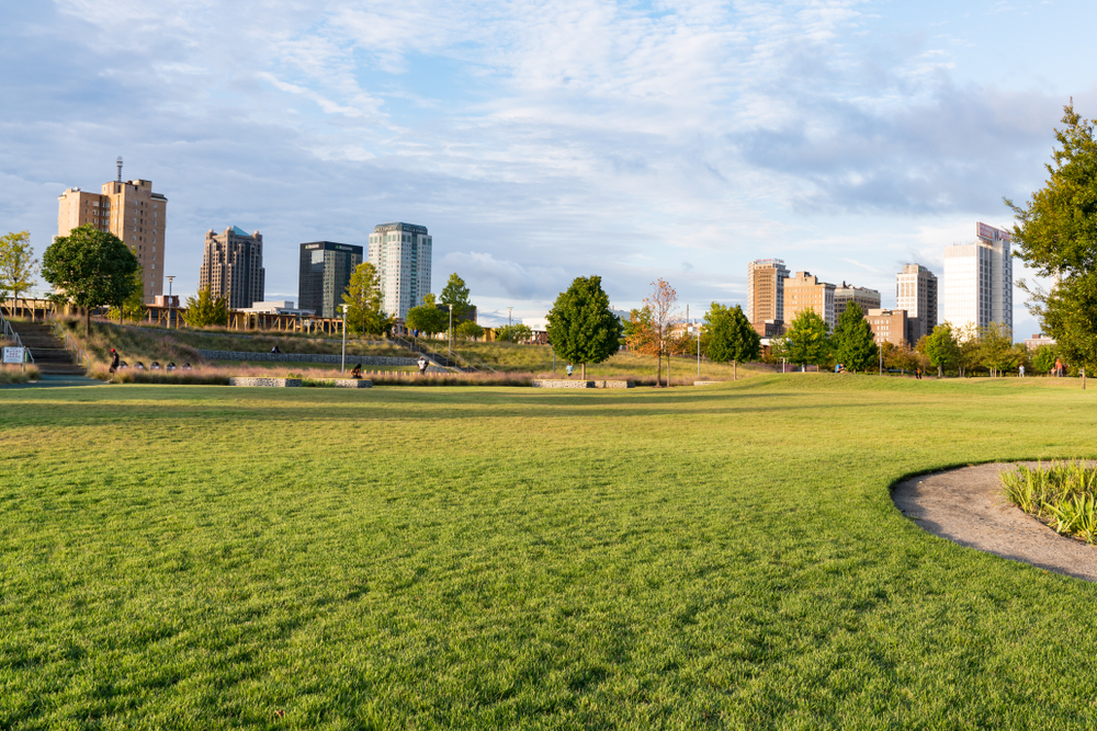 Open green field at Railroad Park, one of the best things to do in Birmingham, with tall buildings and a cloudy sky in the background.