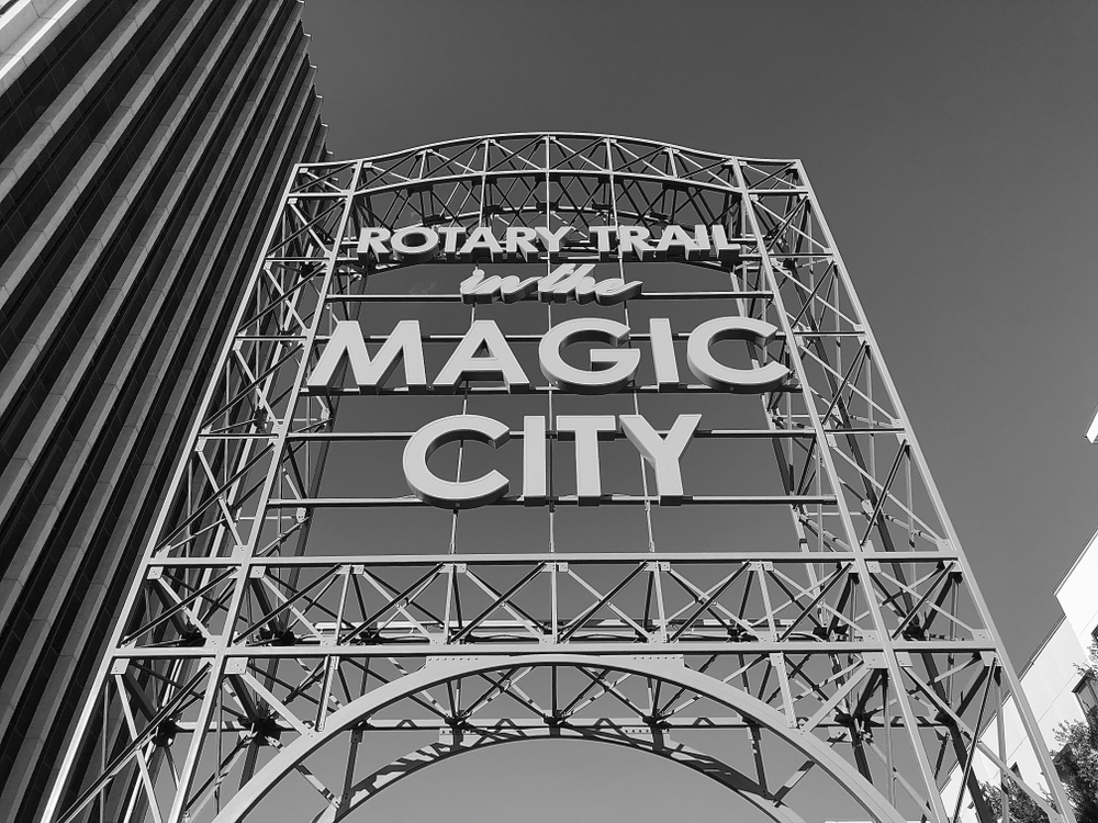 Black and white picture of the metal sign which starts the Rotary Trail System.