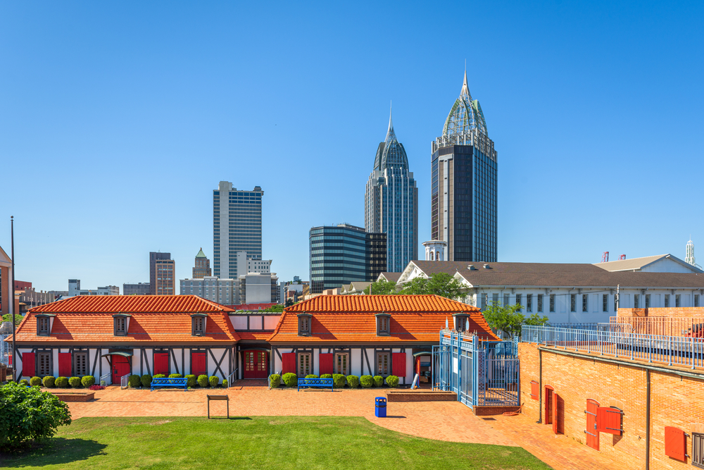 The beautiful views of downtown Mobile in background and in the foreground you will find part of the fort as well as European style homes