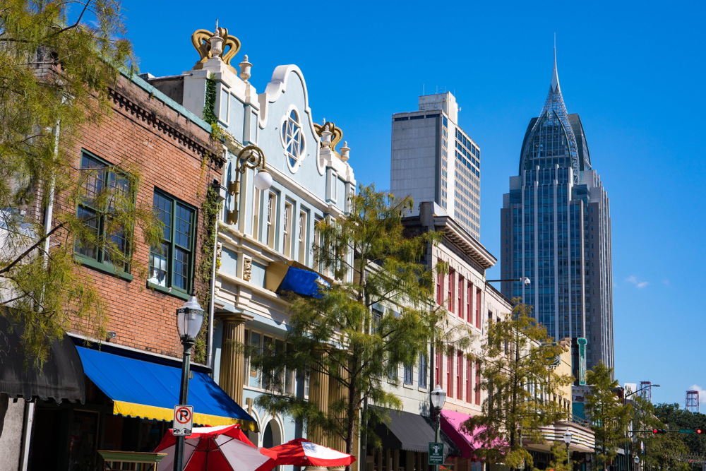 The buildings in downtown Mobile from brick to colorful European styles