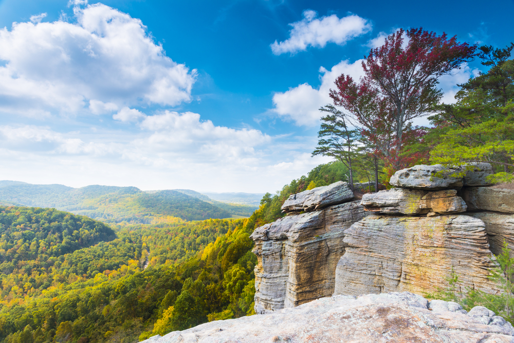 view from mountain top of rolling kentucky hills and rock features