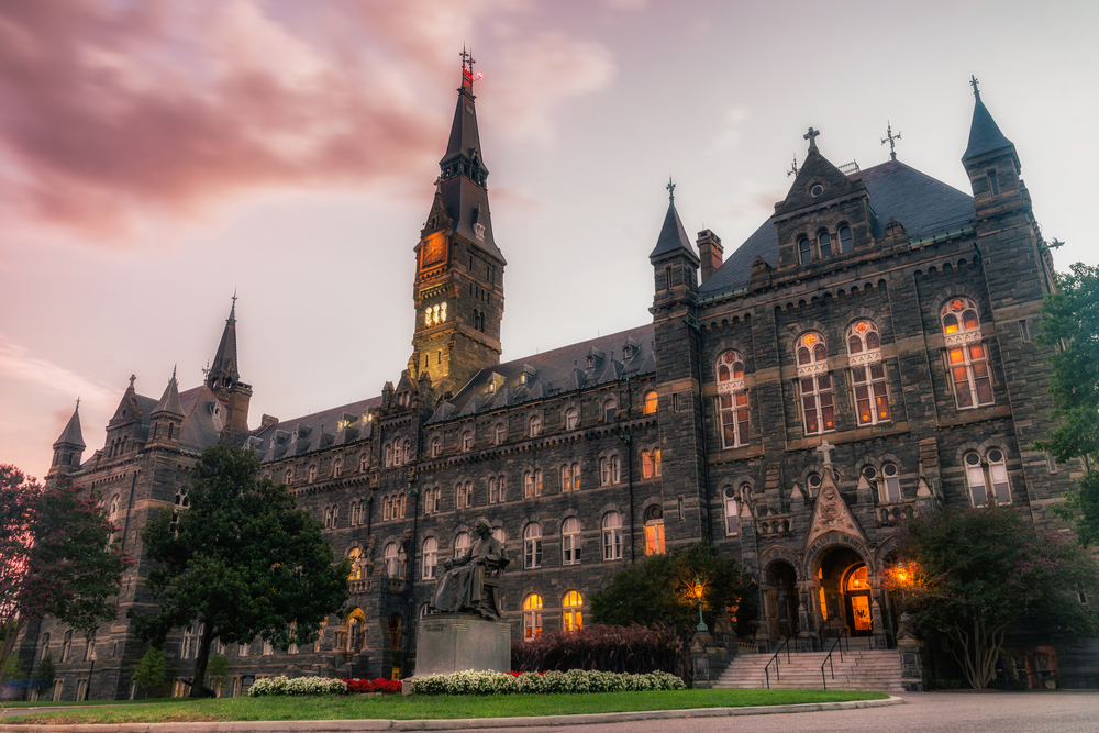 Healy Hall at Georgetown University at sunset, looking very Gothic.
