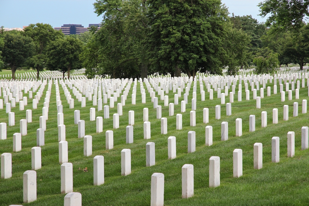 Rows of white tombstones in Arlington National Cemetery. 