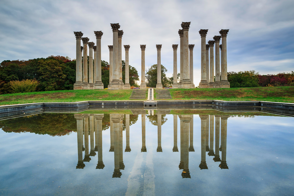 Large Roman pillars on a hill with steps going up to them. They are in front of a large basin. In the basin you can see the reflection of the pillars. It is in the National Arboretum, one of the best things to do in Washington DC.