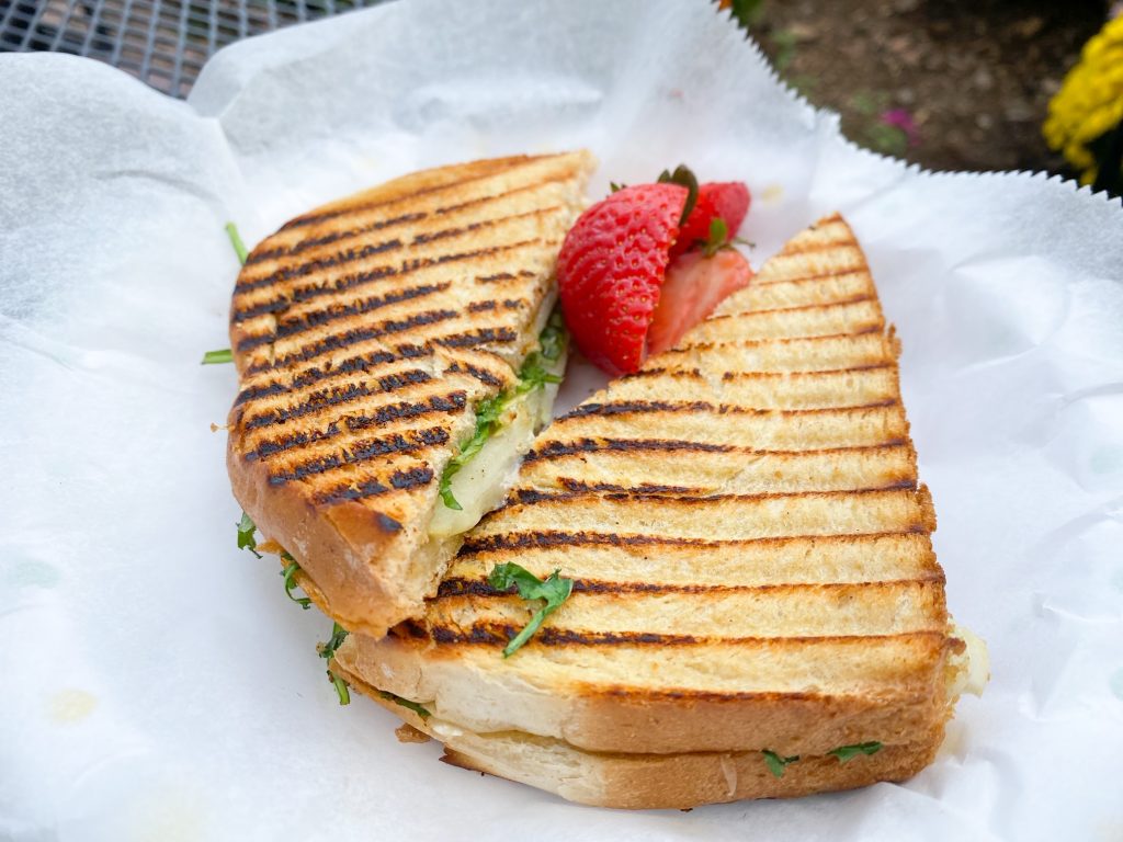 A picture of a grilled cheese panini style sandwich served with a strawberry 