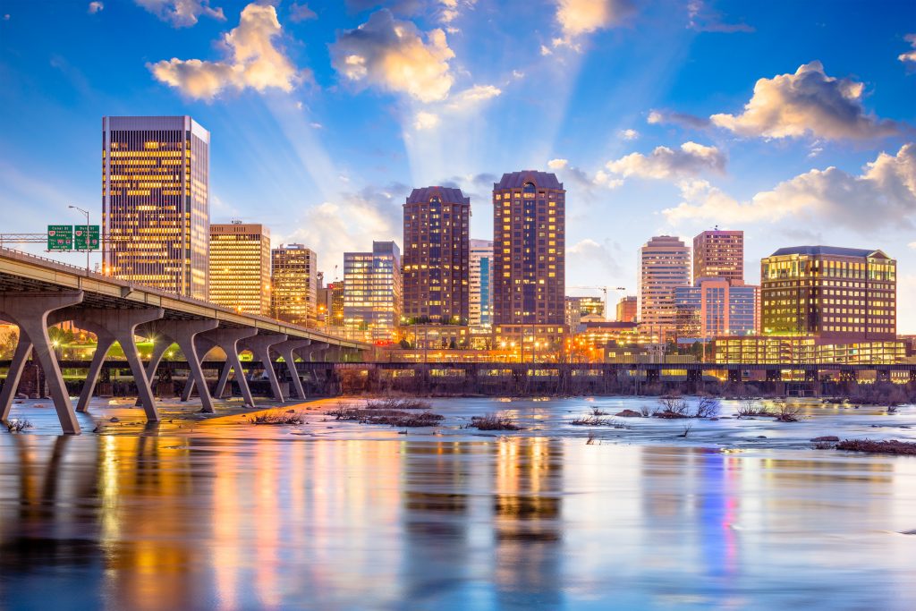 view of Richmond skyline and James River and bridge