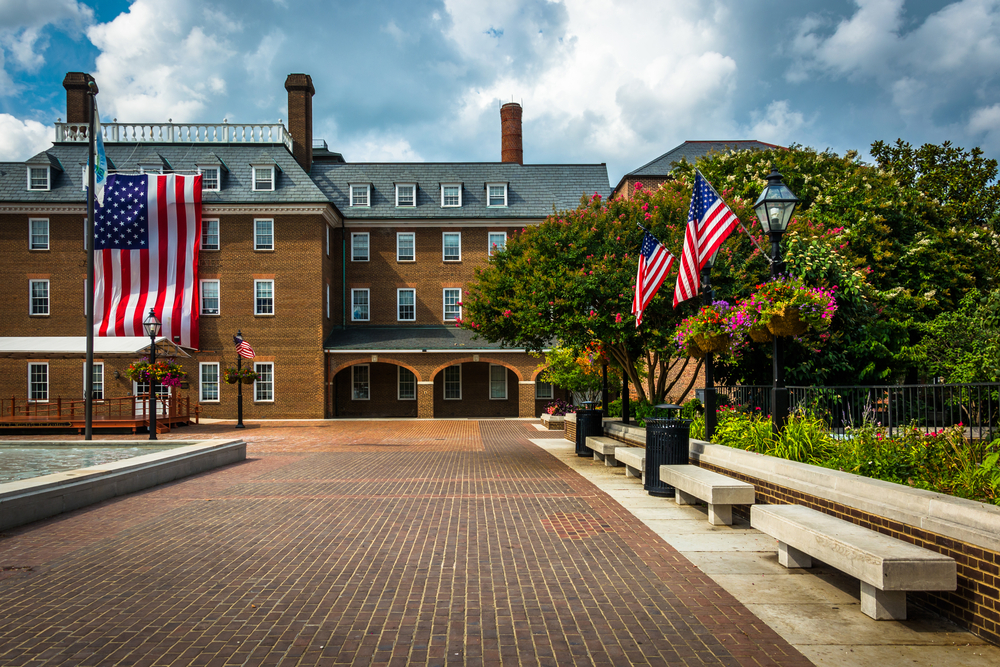 The old market in Alexandria with American flags.