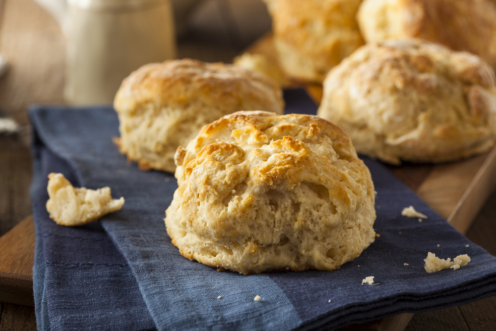 Yummy looking biscuits on a dark blue hand towel..