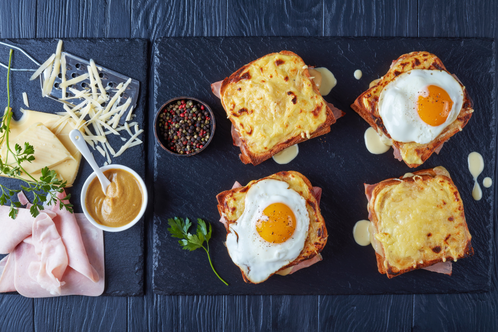 Aerial view of an open faced croque madame from Chez Billy Sud, one of the best restaurants in Washington DC.