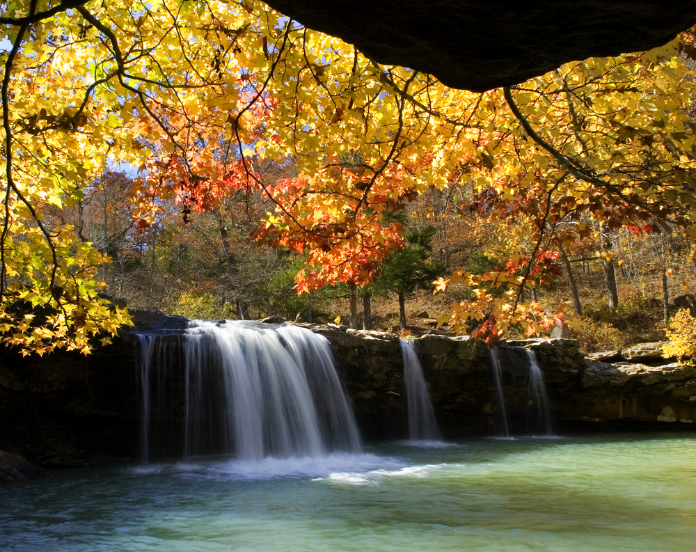 Falling Water Falls with bright fall leaves overhead.