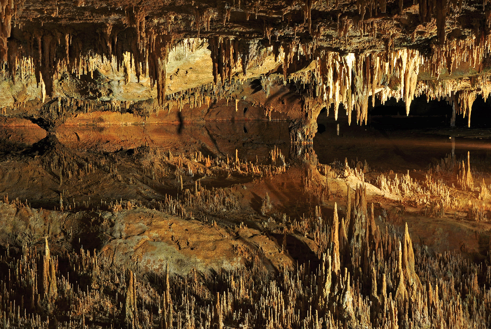 Stalagmites and stalactites inside Luray Caverns.