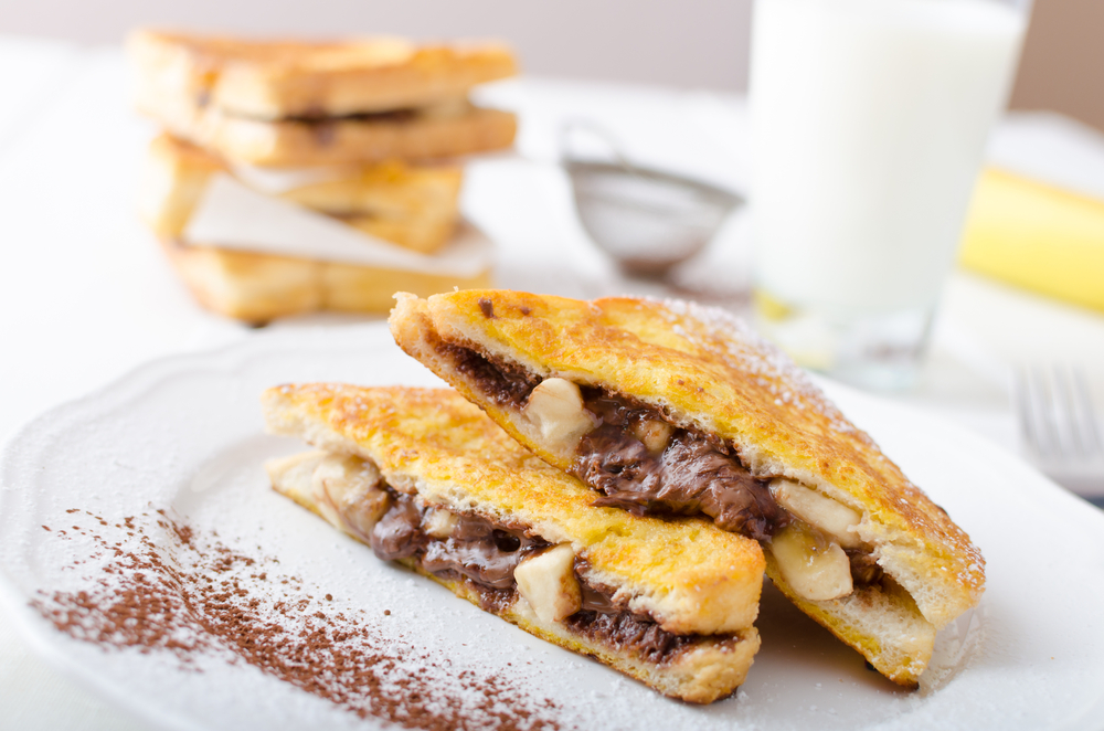 Banana with Nutella, the chocolate and hazelnut spread, stuffed French Toast, like the dish served at Sunrise Grill, one of the best places for breakfast in Boone, NC.