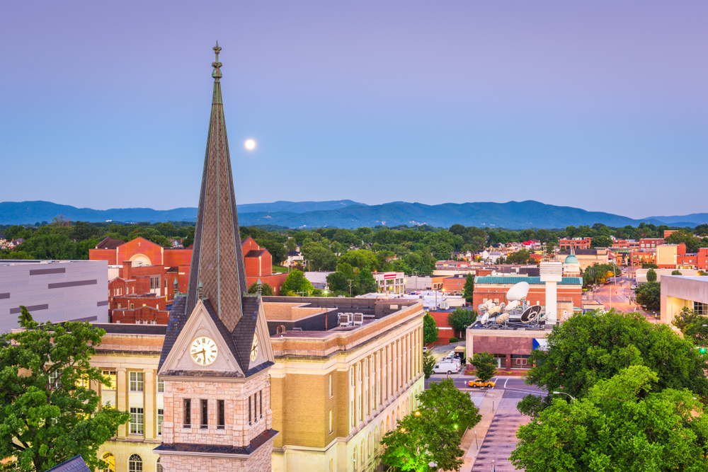 Aerial view of Roanoke at dusk.