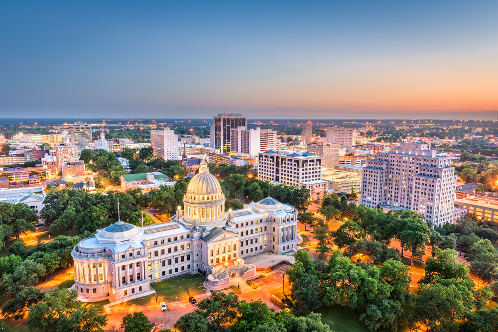 Aerial view of the capitol building in Jackson, Mississippi, at sunset.