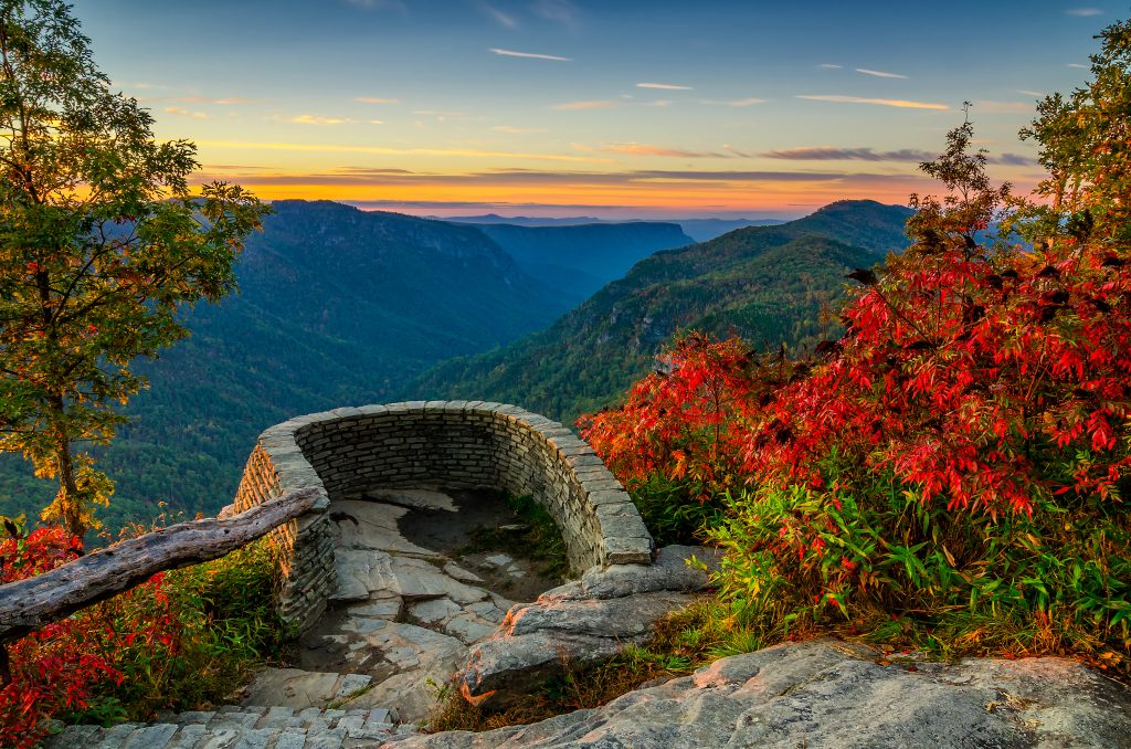 Red leaves at one of the overlooks of the Linville Gorge on the Blue Ridge Parkway