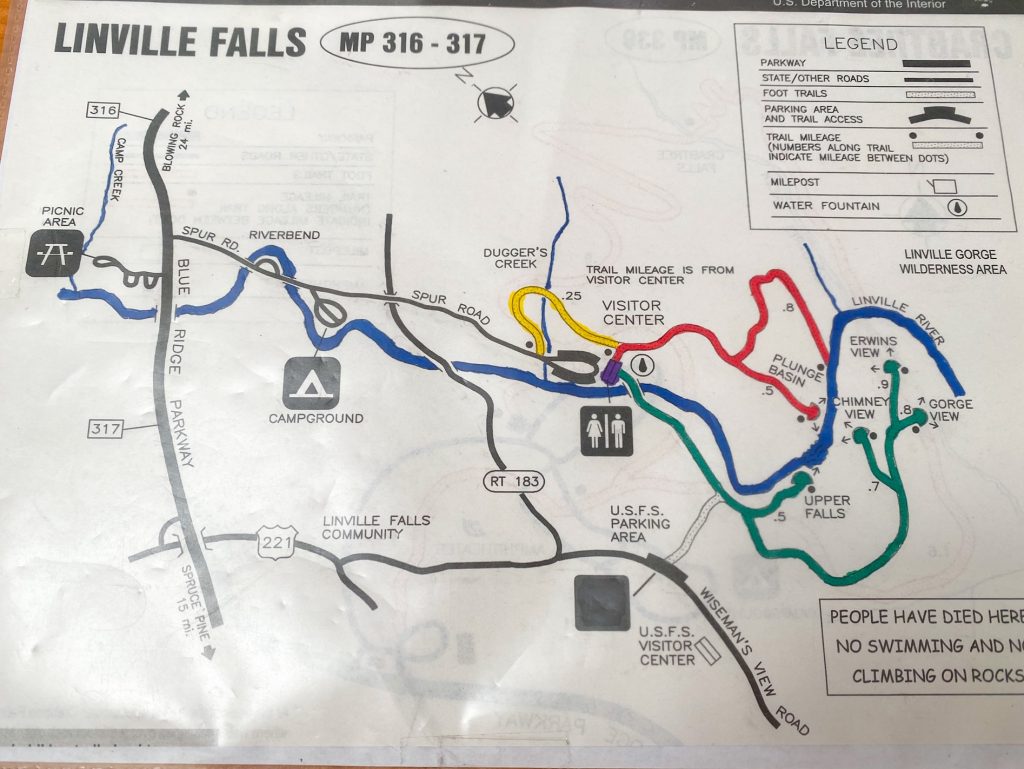 THe trail map that the visitors center offers to show the various trail heads from Linville Falls