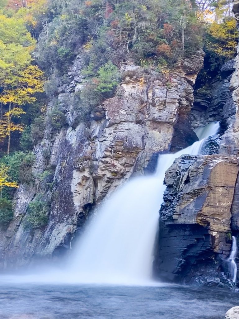 The breathtaking mist along the sheer rock faces at the the Linville Falls waterfall