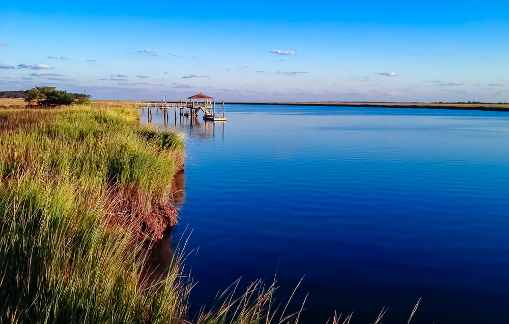 view of water and marshlands on a bright day with clear sky