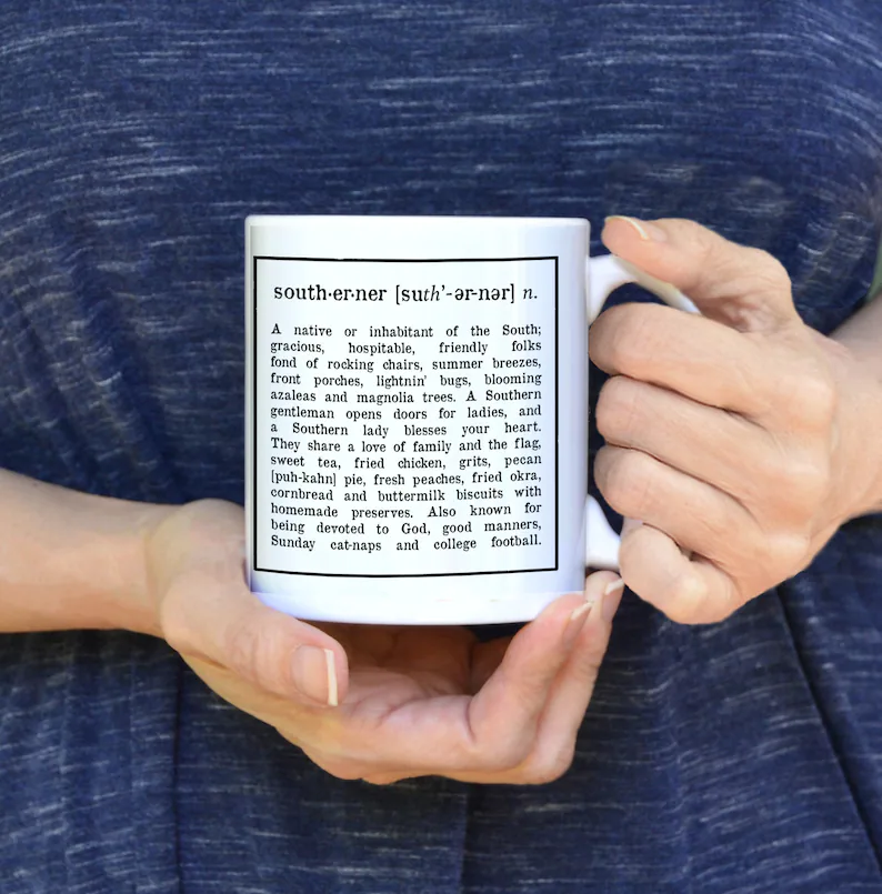 white mug with playful dictionary definition of southerner