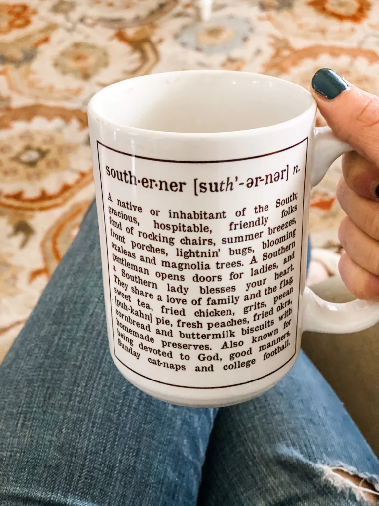 White mug with a fun definition of everything a southerner is one of the great southern gifts you can buy online
